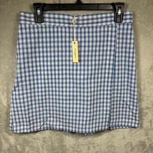 Max Studio London NEW Womens Mini Wrap Skirt M Blue White Gingham Elastic Waist